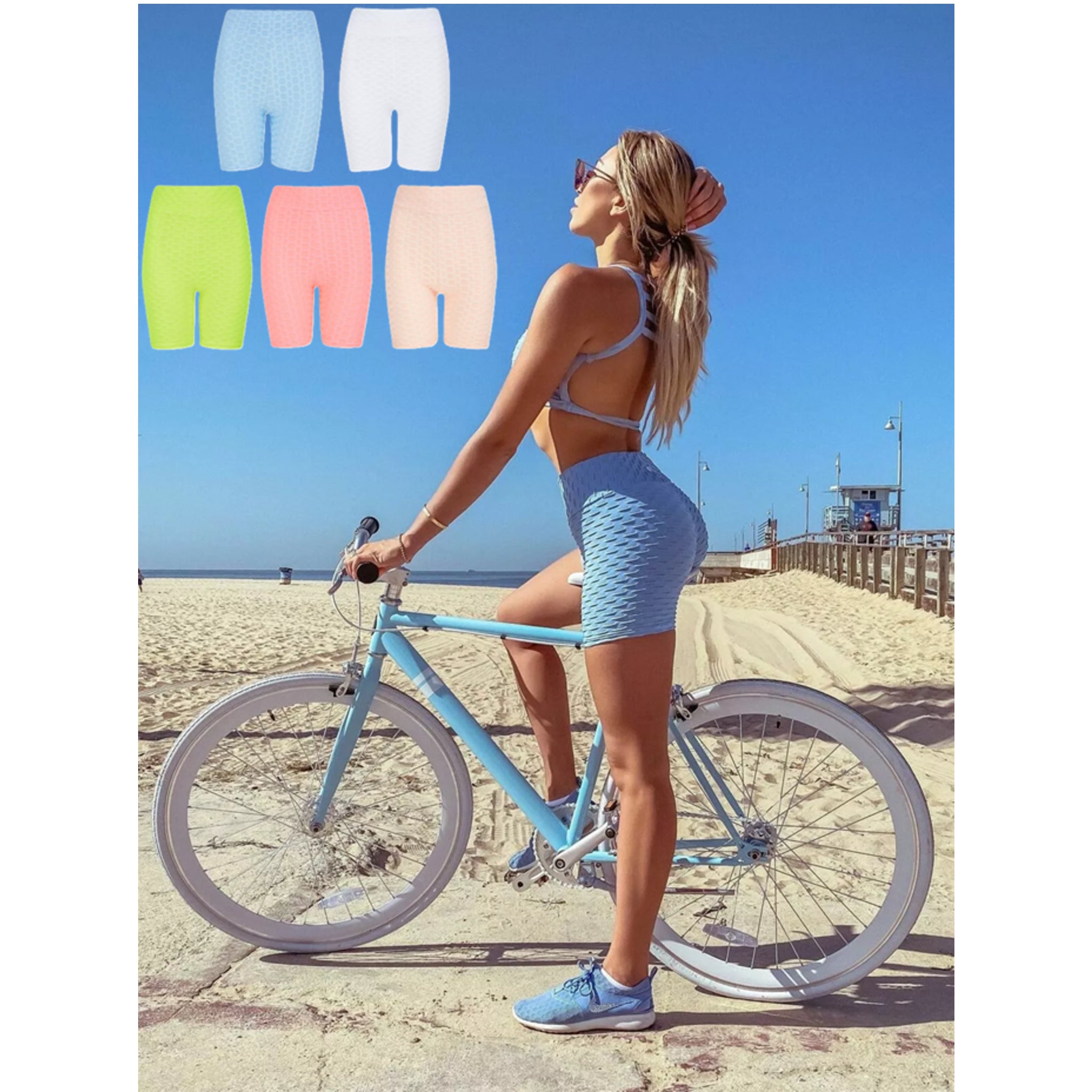 Ladies' high-waisted white, pink, blue and green TikTok shorts with textured ruched design – figure-hugging slimming gym and workout shorts